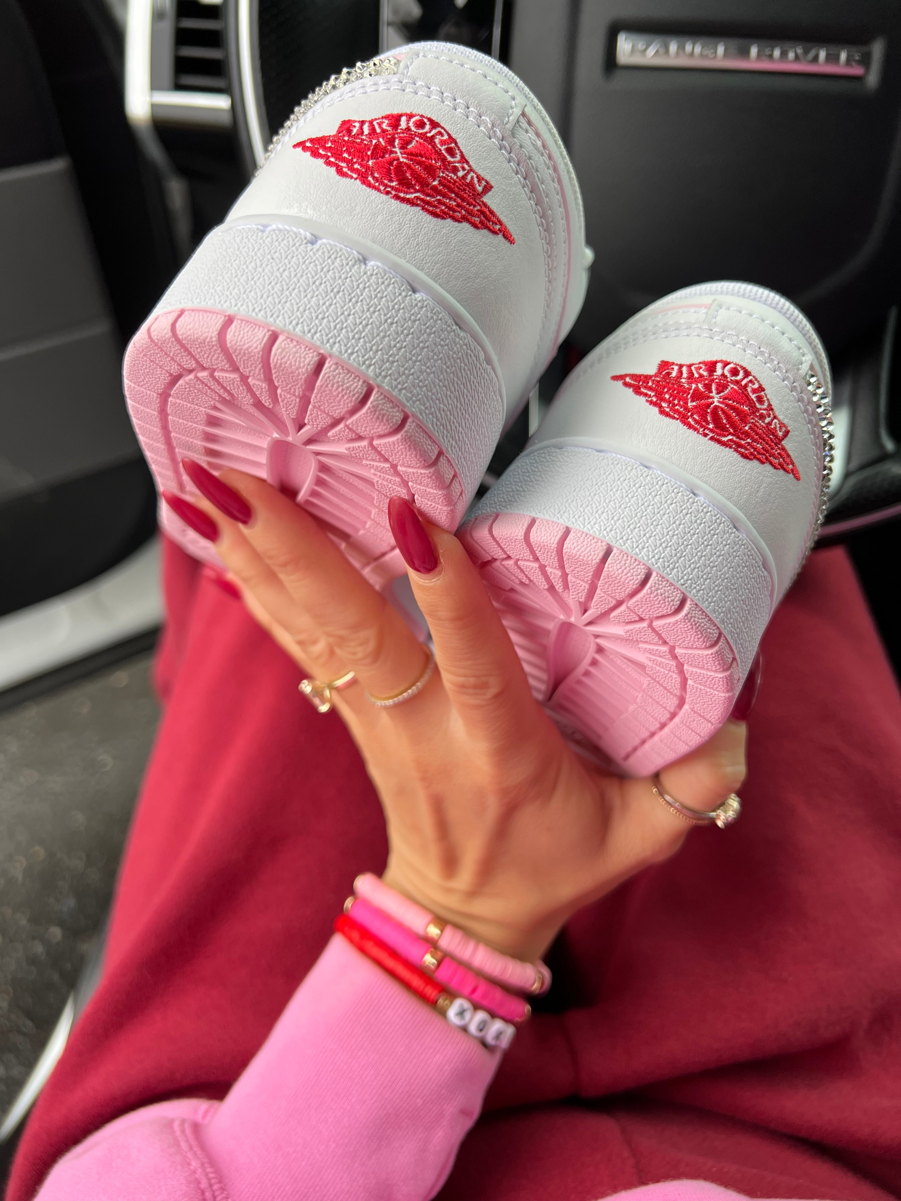 FLASH SALE Pink and White Swarovski Women’s Air Jordan 1 Low Shoes