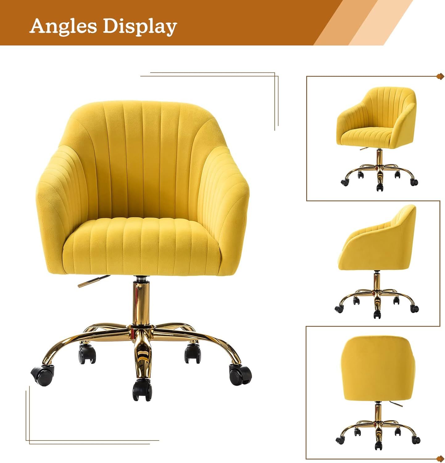 Velvet Home Office Desk Chair, Modern Cute Computer Task Chair, Wheels Swivel Height Adjustable Upholstered Vanity Chair for Women, Girls (Gold Base, Yellow)