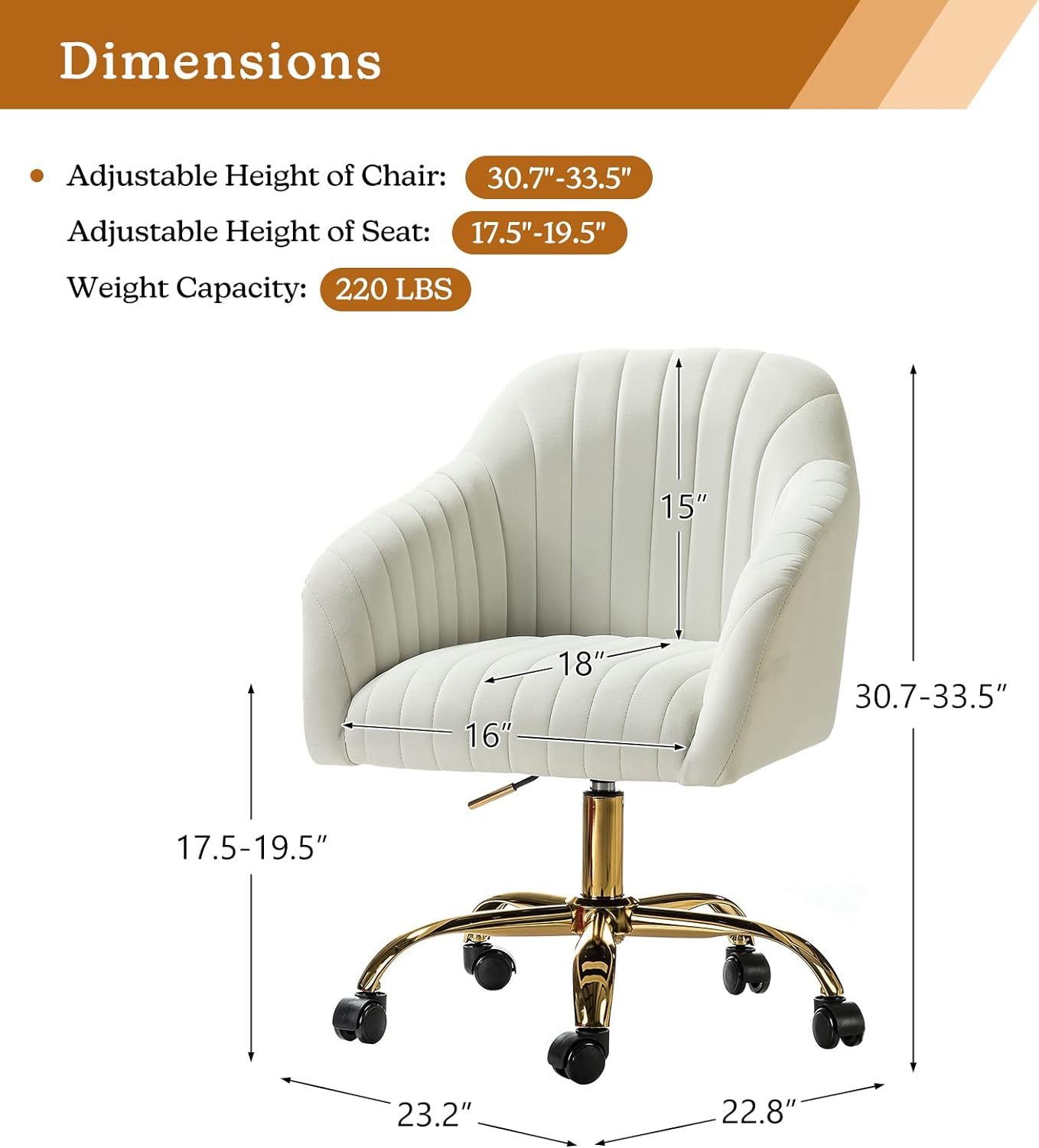 Velvet Home Office Desk Chair, Modern Cute Computer Task Chair, Wheels Swivel Height Adjustable Upholstered Vanity Chair for Women, Girls (Gold Base, Yellow)