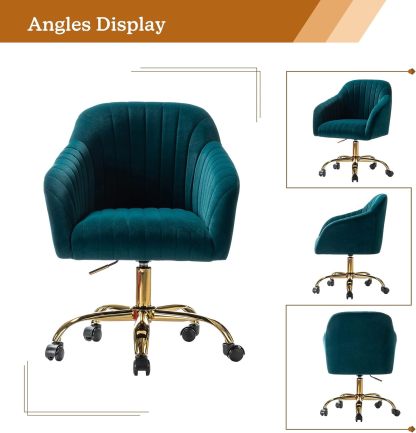 Velvet Home Office Desk Chair, Modern Cute Computer Task Chair, Wheels Swivel Height Adjustable Upholstered Vanity Chair for Women, Girls (Gold Base, Yellow)