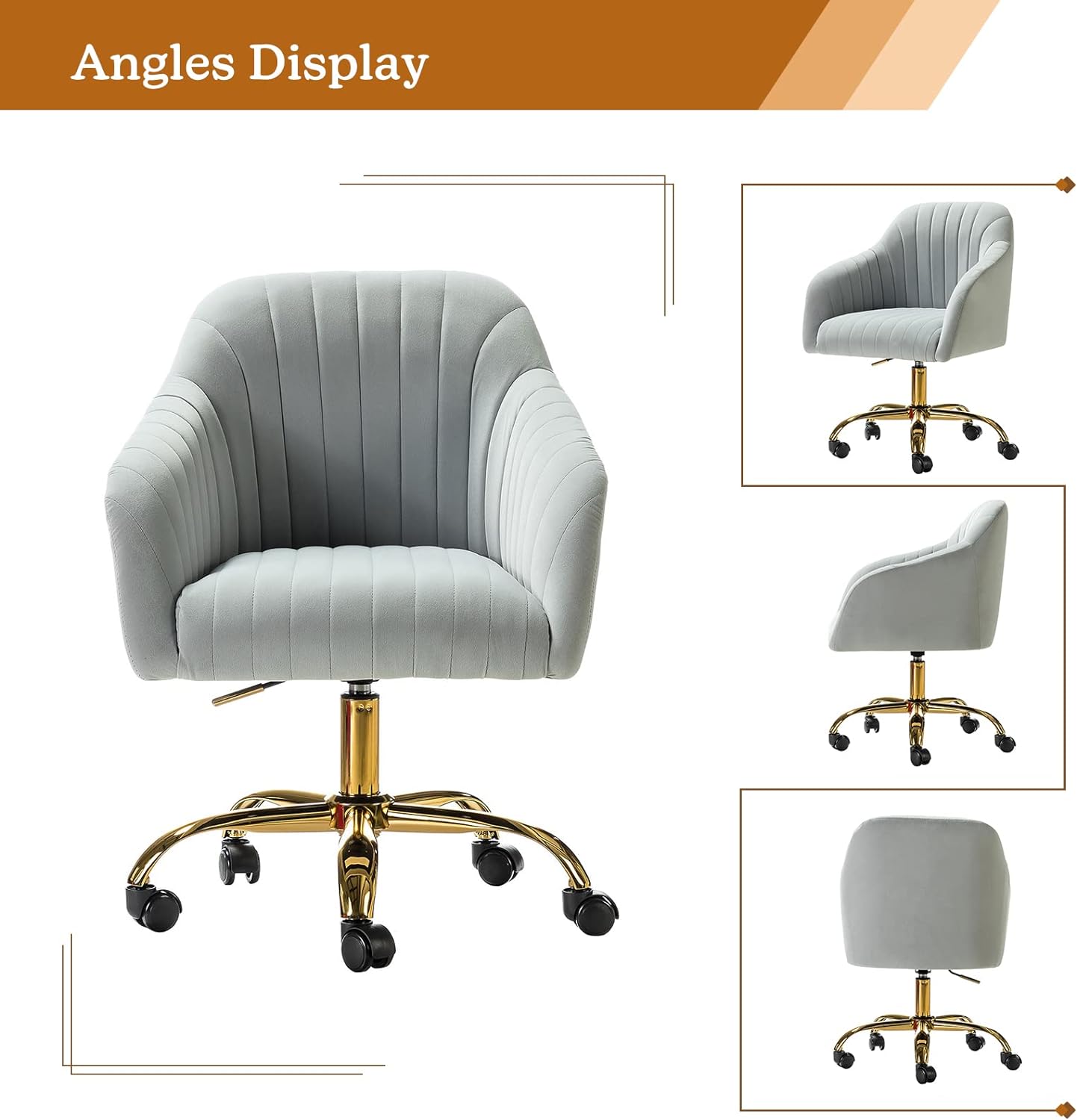 Velvet Home Office Desk Chair, Modern Cute Computer Task Chair, Wheels Swivel Height Adjustable Upholstered Vanity Chair for Women, Girls (Gold Base, Yellow)