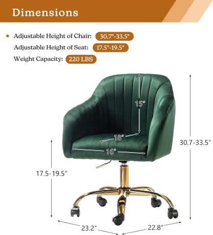 Velvet Home Office Desk Chair, Modern Cute Computer Task Chair, Wheels Swivel Height Adjustable Upholstered Vanity Chair for Women, Girls (Gold Base, Yellow)