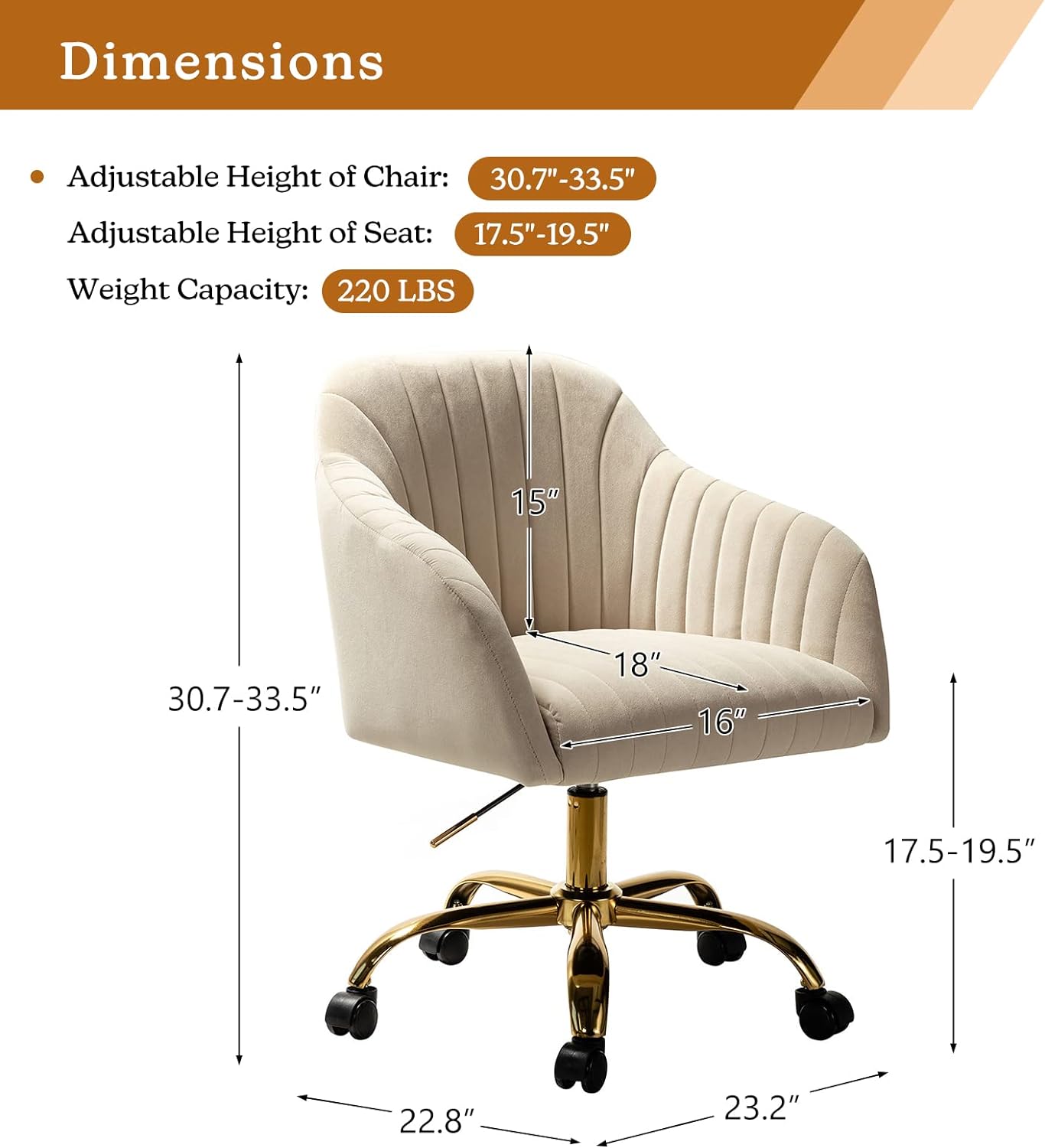 Velvet Home Office Desk Chair, Modern Cute Computer Task Chair, Wheels Swivel Height Adjustable Upholstered Vanity Chair for Women, Girls (Gold Base, Yellow)