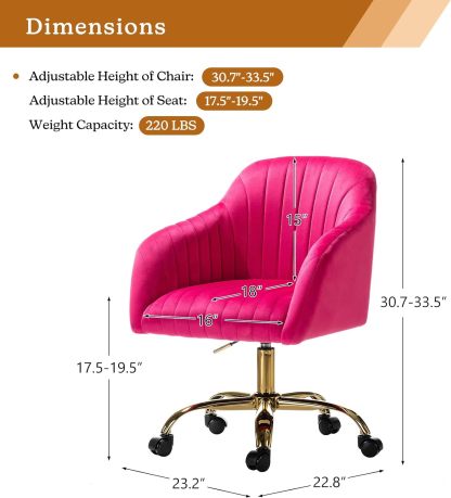 Velvet Home Office Desk Chair, Modern Cute Computer Task Chair, Wheels Swivel Height Adjustable Upholstered Vanity Chair for Women, Girls (Gold Base, Yellow)