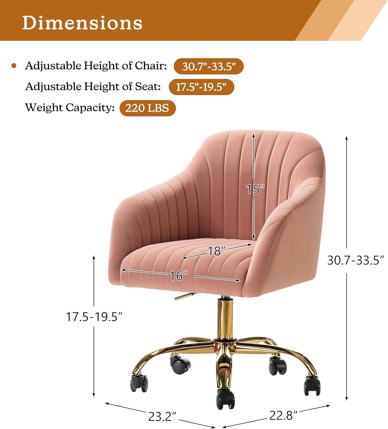 Velvet Home Office Desk Chair, Modern Cute Computer Task Chair, Wheels Swivel Height Adjustable Upholstered Vanity Chair for Women, Girls (Gold Base, Yellow)