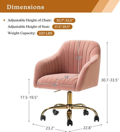 Velvet Home Office Desk Chair, Modern Cute Computer Task Chair, Wheels Swivel Height Adjustable Upholstered Vanity Chair for Women, Girls (Gold Base, Yellow)