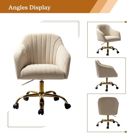 Velvet Home Office Desk Chair, Modern Cute Computer Task Chair, Wheels Swivel Height Adjustable Upholstered Vanity Chair for Women, Girls (Gold Base, Yellow)