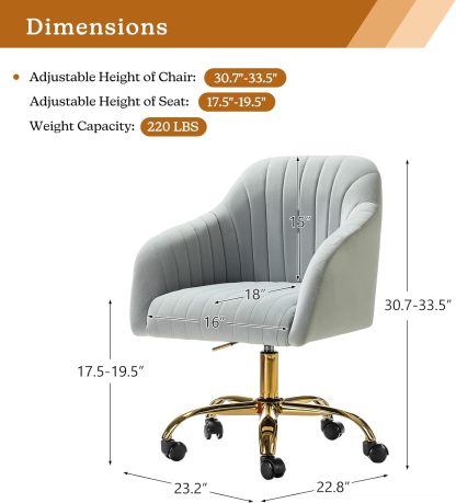 Velvet Home Office Desk Chair, Modern Cute Computer Task Chair, Wheels Swivel Height Adjustable Upholstered Vanity Chair for Women, Girls (Gold Base, Yellow)