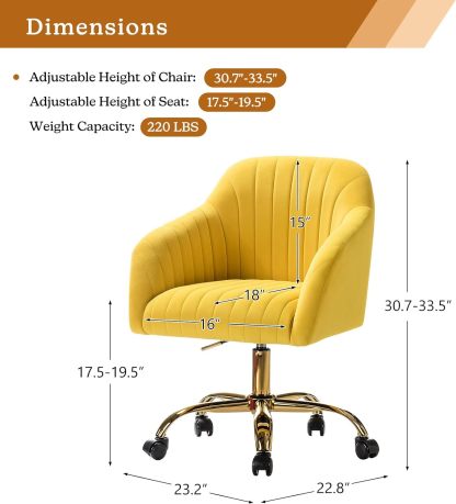 Velvet Home Office Desk Chair, Modern Cute Computer Task Chair, Wheels Swivel Height Adjustable Upholstered Vanity Chair for Women, Girls (Gold Base, Yellow)