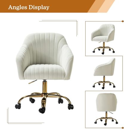 Velvet Home Office Desk Chair, Modern Cute Computer Task Chair, Wheels Swivel Height Adjustable Upholstered Vanity Chair for Women, Girls (Gold Base, Yellow)