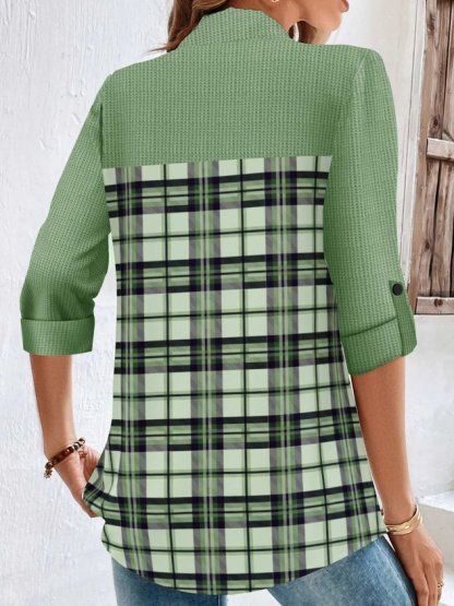 Shirt Collar Long Sleeve Plaid Regular Loose Blouse For Women
