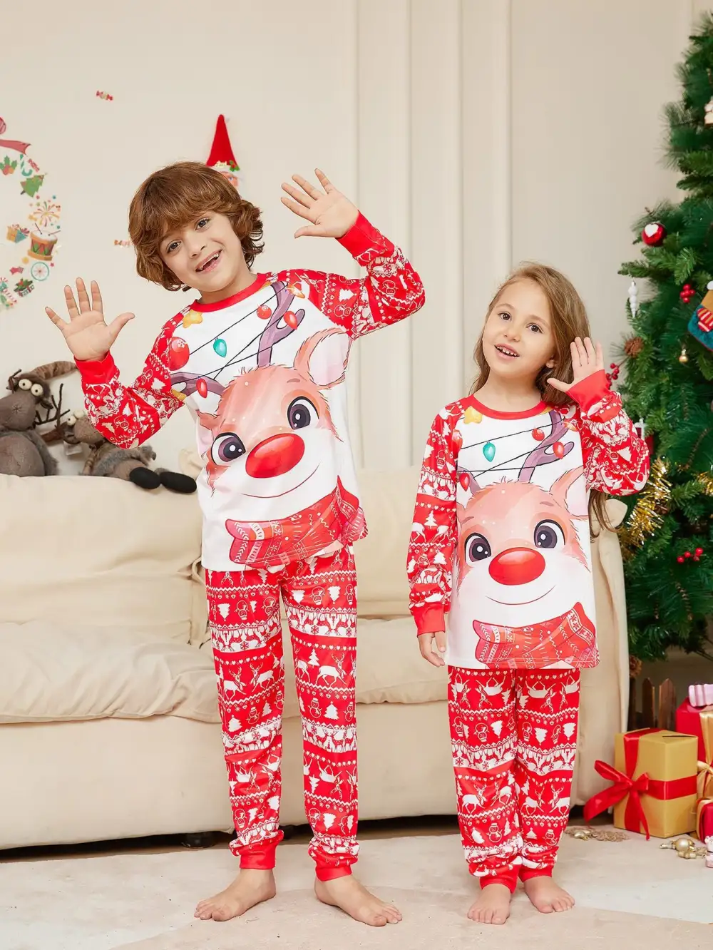 Family Matching Fawn Print Round Christmas Pajama Set