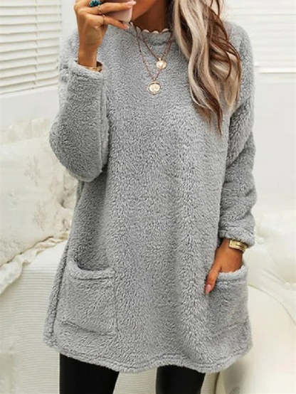 Women Plush Crew Neck Casual Thermal Pockets Midi Dress