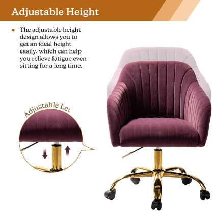 Velvet Home Office Desk Chair, Modern Cute Computer Task Chair, Wheels Swivel Height Adjustable Upholstered Vanity Chair for Women, Girls (Gold Base, Yellow)