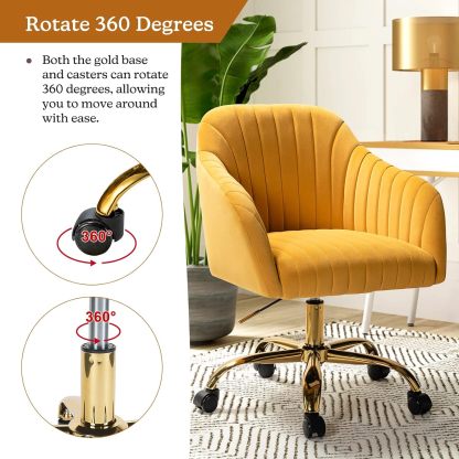 Velvet Home Office Desk Chair, Modern Cute Computer Task Chair, Wheels Swivel Height Adjustable Upholstered Vanity Chair for Women, Girls (Gold Base, Yellow)