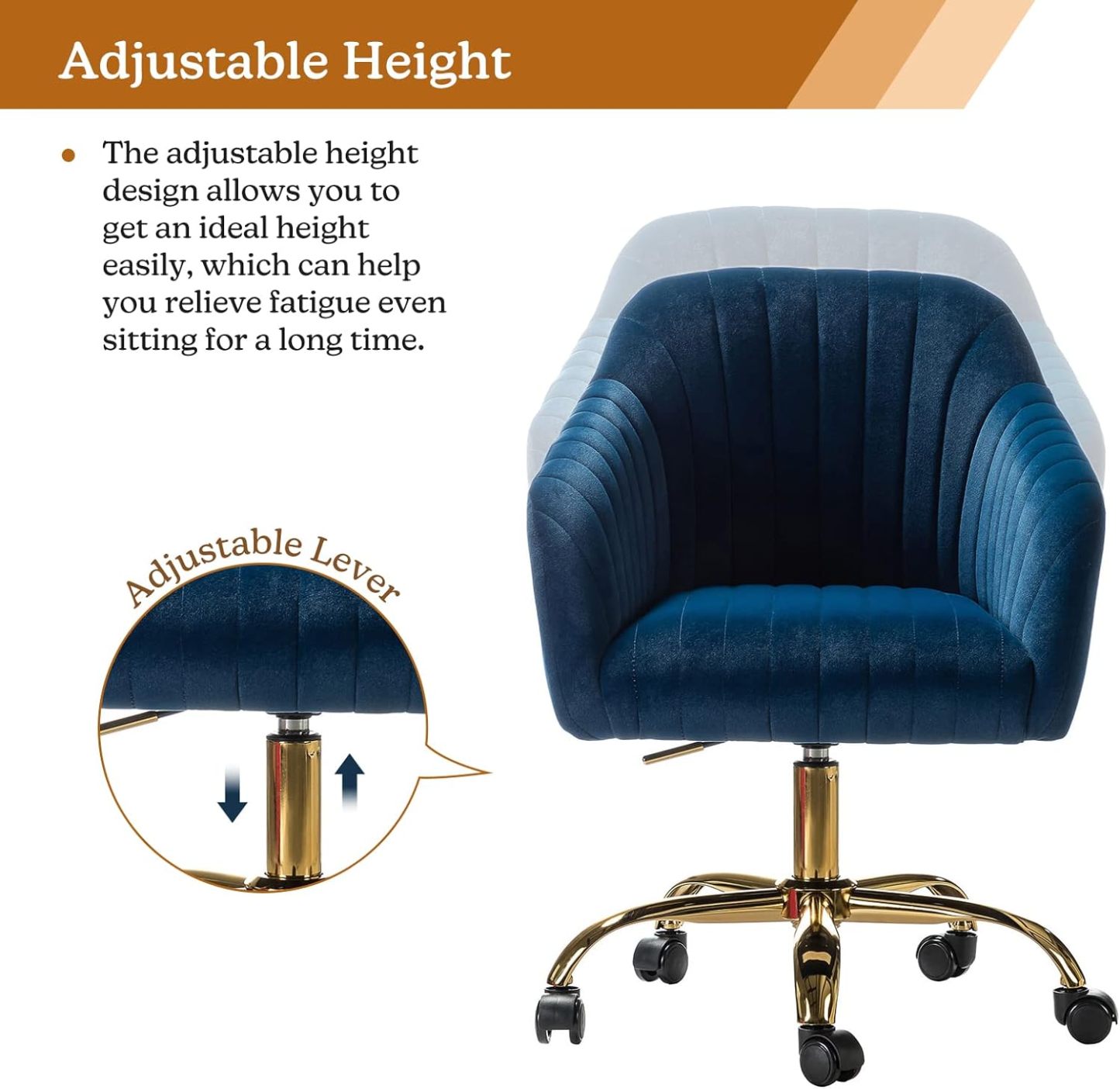 Velvet Home Office Desk Chair, Modern Cute Computer Task Chair, Wheels Swivel Height Adjustable Upholstered Vanity Chair for Women, Girls (Gold Base, Yellow)