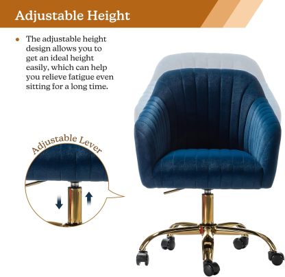Velvet Home Office Desk Chair, Modern Cute Computer Task Chair, Wheels Swivel Height Adjustable Upholstered Vanity Chair for Women, Girls (Gold Base, Yellow)