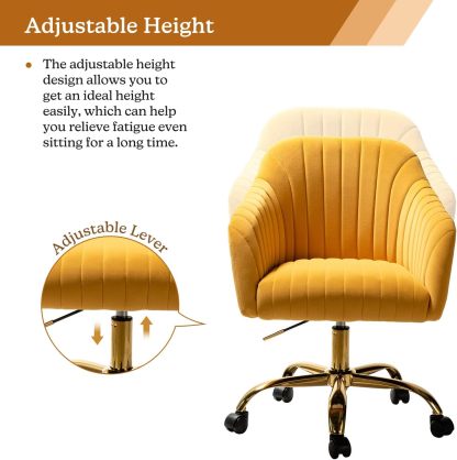 Velvet Home Office Desk Chair, Modern Cute Computer Task Chair, Wheels Swivel Height Adjustable Upholstered Vanity Chair for Women, Girls (Gold Base, Yellow)