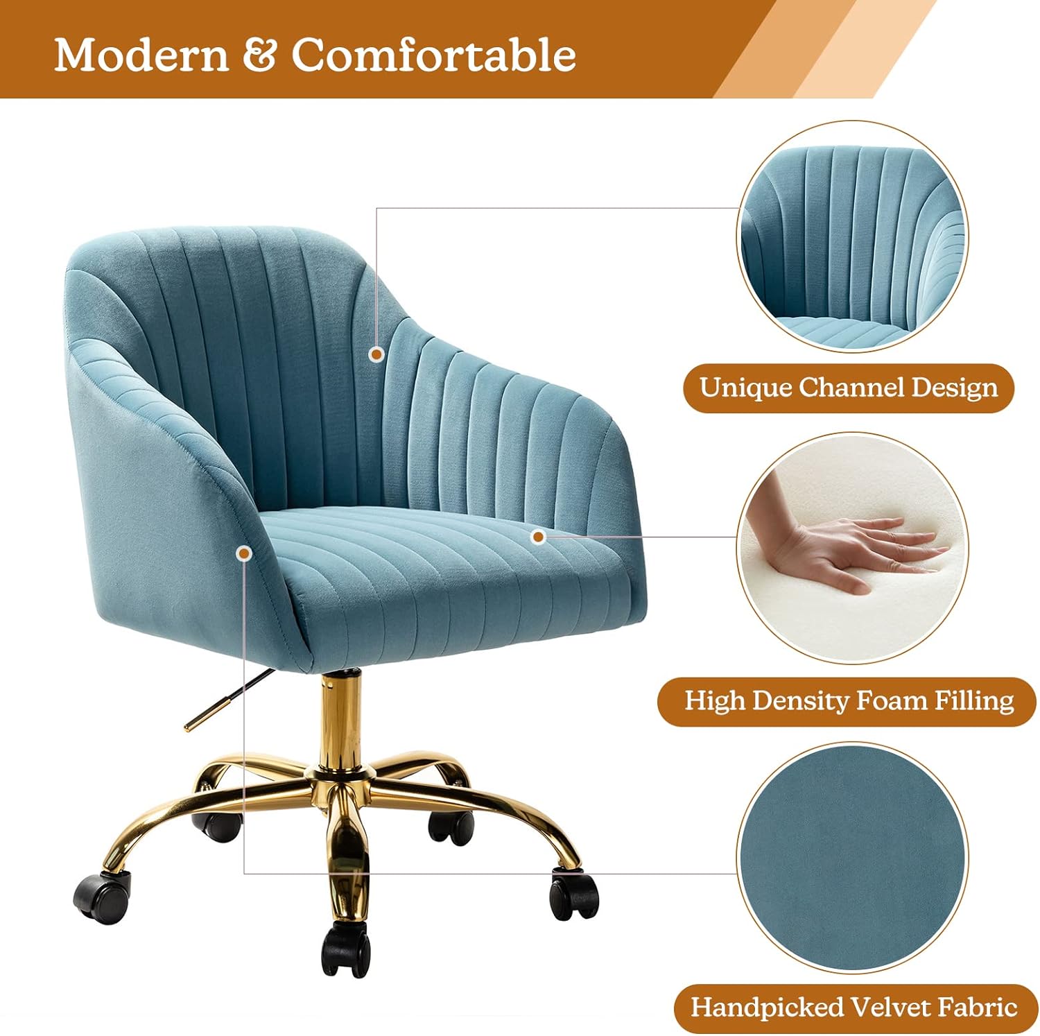 Velvet Home Office Desk Chair, Modern Cute Computer Task Chair, Wheels Swivel Height Adjustable Upholstered Vanity Chair for Women, Girls (Gold Base, Yellow)