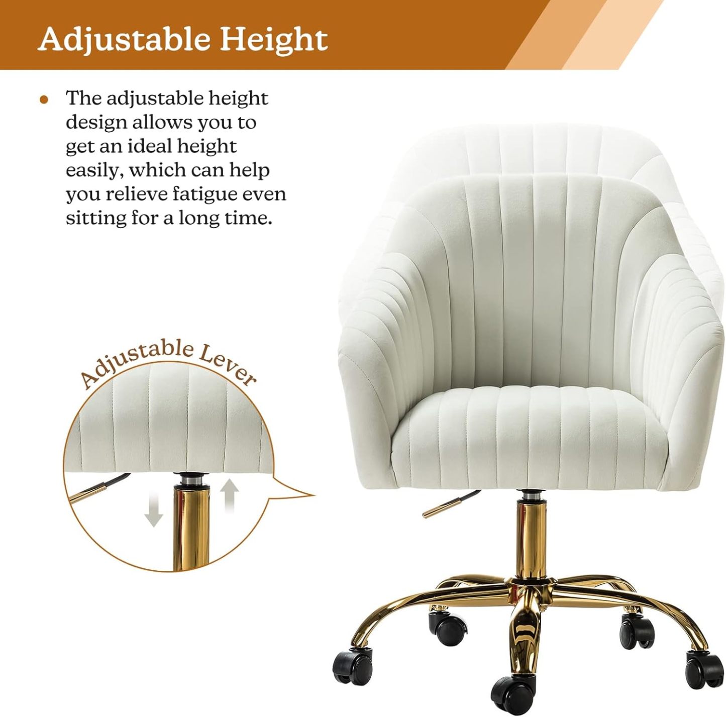 Velvet Home Office Desk Chair, Modern Cute Computer Task Chair, Wheels Swivel Height Adjustable Upholstered Vanity Chair for Women, Girls (Gold Base, Yellow)