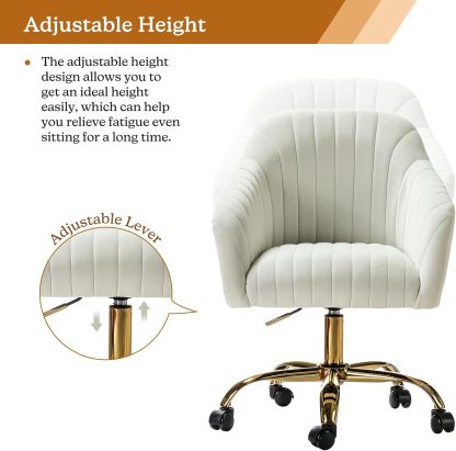 Velvet Home Office Desk Chair, Modern Cute Computer Task Chair, Wheels Swivel Height Adjustable Upholstered Vanity Chair for Women, Girls (Gold Base, Yellow)