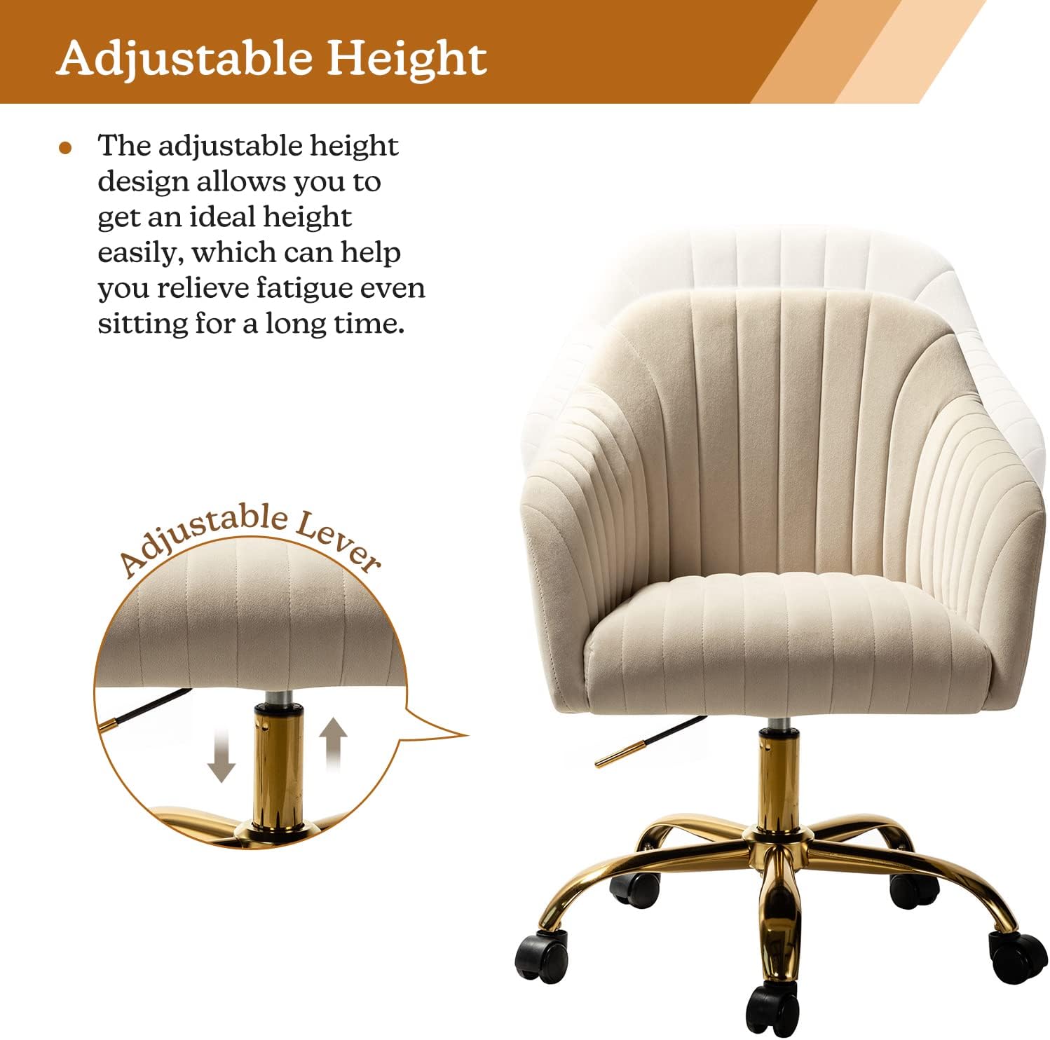 Velvet Home Office Desk Chair, Modern Cute Computer Task Chair, Wheels Swivel Height Adjustable Upholstered Vanity Chair for Women, Girls (Gold Base, Yellow)