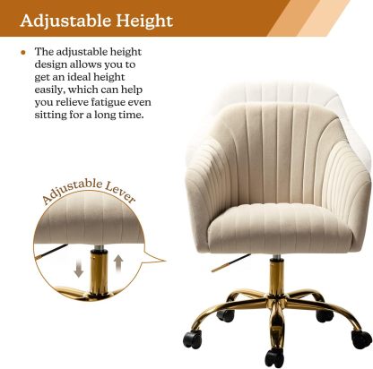 Velvet Home Office Desk Chair, Modern Cute Computer Task Chair, Wheels Swivel Height Adjustable Upholstered Vanity Chair for Women, Girls (Gold Base, Yellow)