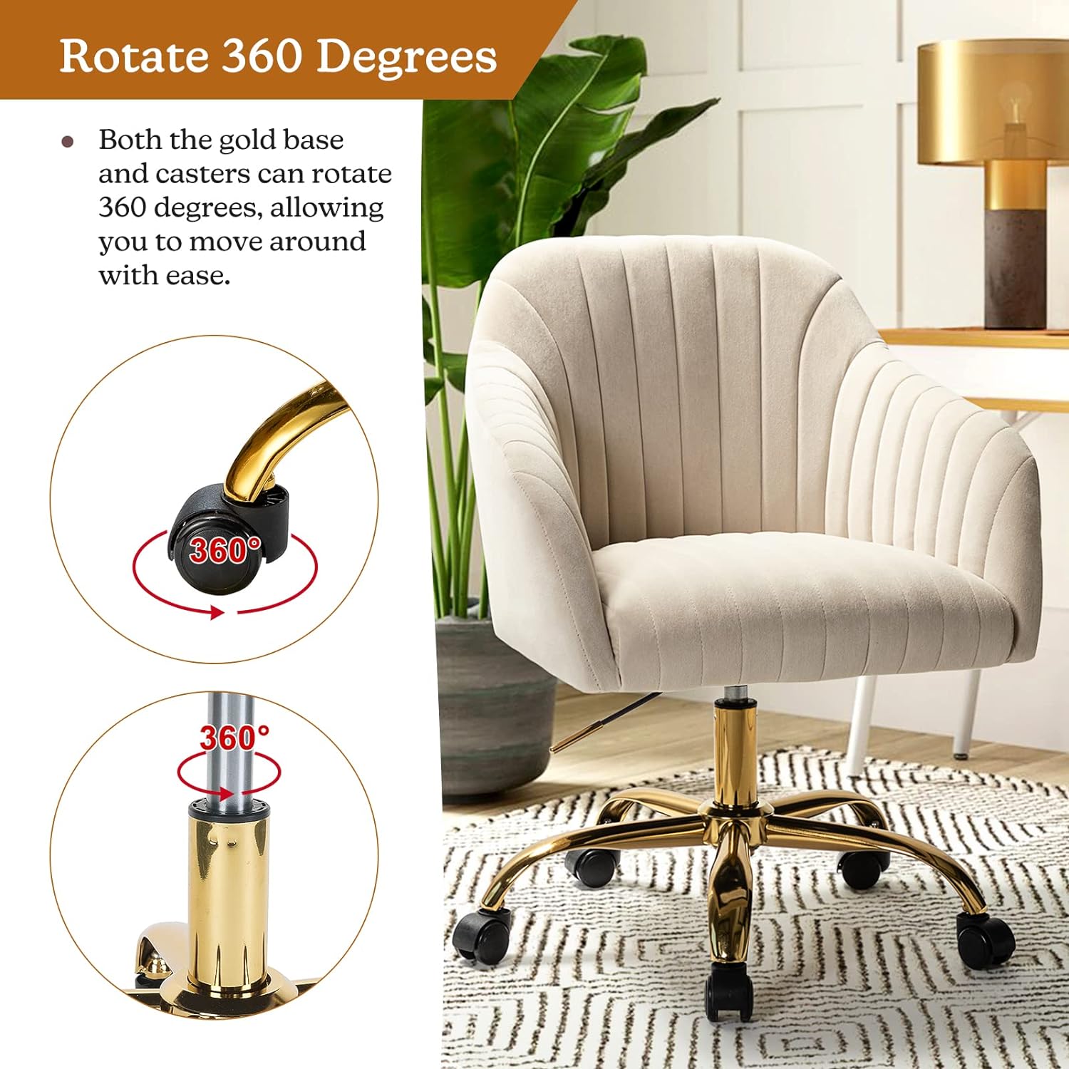Velvet Home Office Desk Chair, Modern Cute Computer Task Chair, Wheels Swivel Height Adjustable Upholstered Vanity Chair for Women, Girls (Gold Base, Yellow)