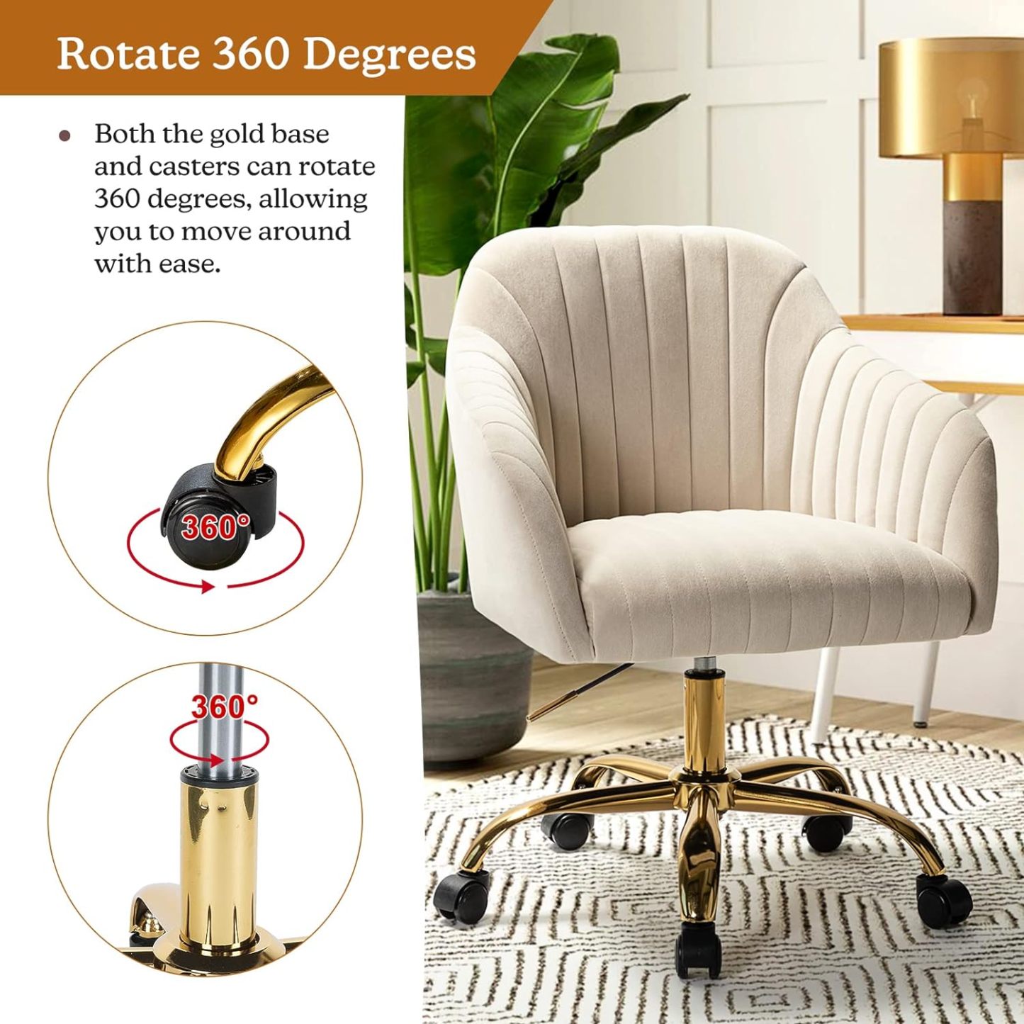 Velvet Home Office Desk Chair, Modern Cute Computer Task Chair, Wheels Swivel Height Adjustable Upholstered Vanity Chair for Women, Girls (Gold Base, Yellow)