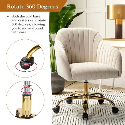 Velvet Home Office Desk Chair, Modern Cute Computer Task Chair, Wheels Swivel Height Adjustable Upholstered Vanity Chair for Women, Girls (Gold Base, Yellow)