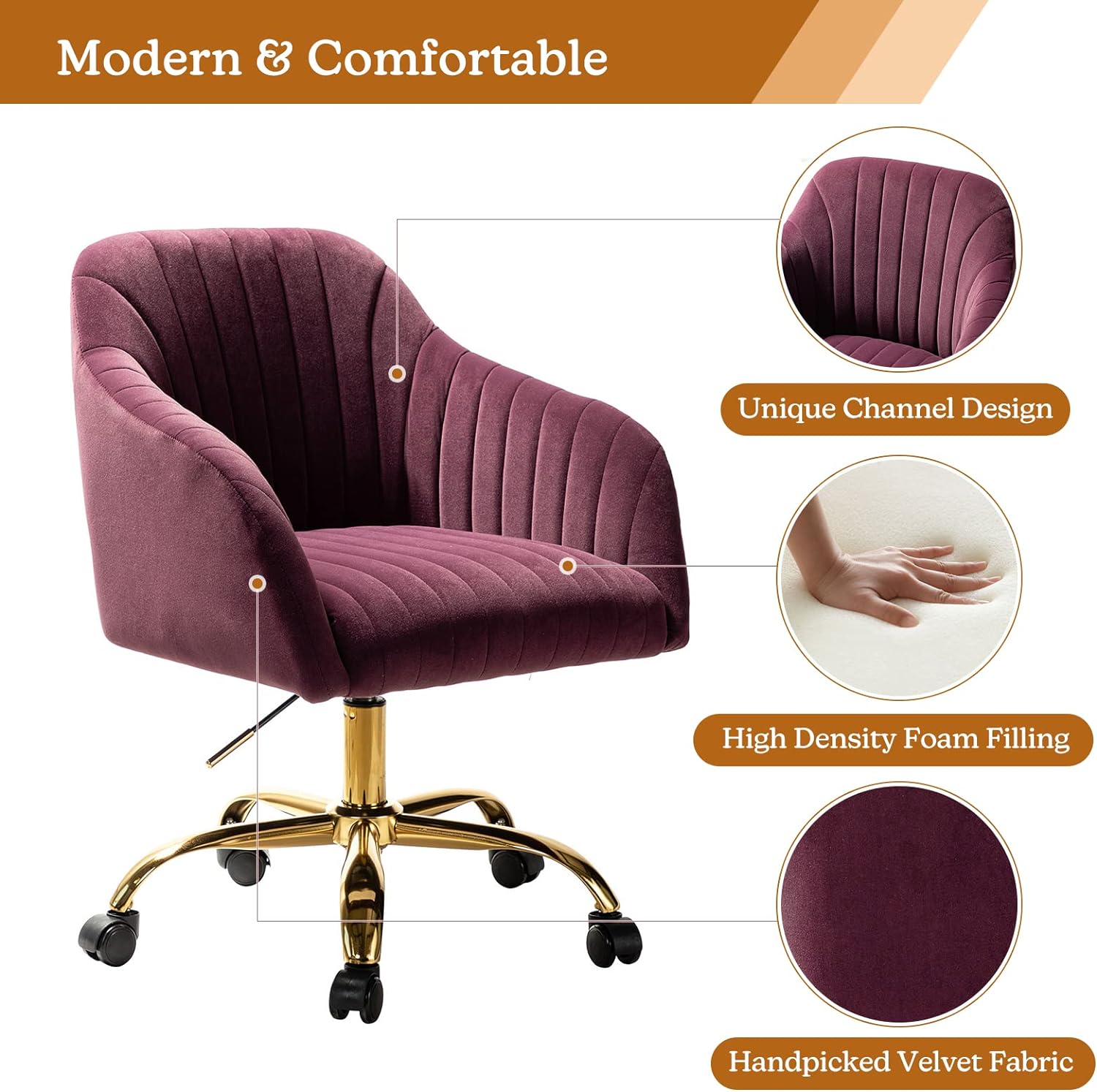 Velvet Home Office Desk Chair, Modern Cute Computer Task Chair, Wheels Swivel Height Adjustable Upholstered Vanity Chair for Women, Girls (Gold Base, Yellow)