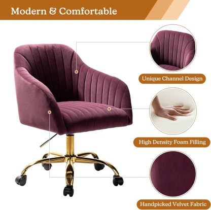 Velvet Home Office Desk Chair, Modern Cute Computer Task Chair, Wheels Swivel Height Adjustable Upholstered Vanity Chair for Women, Girls (Gold Base, Yellow)