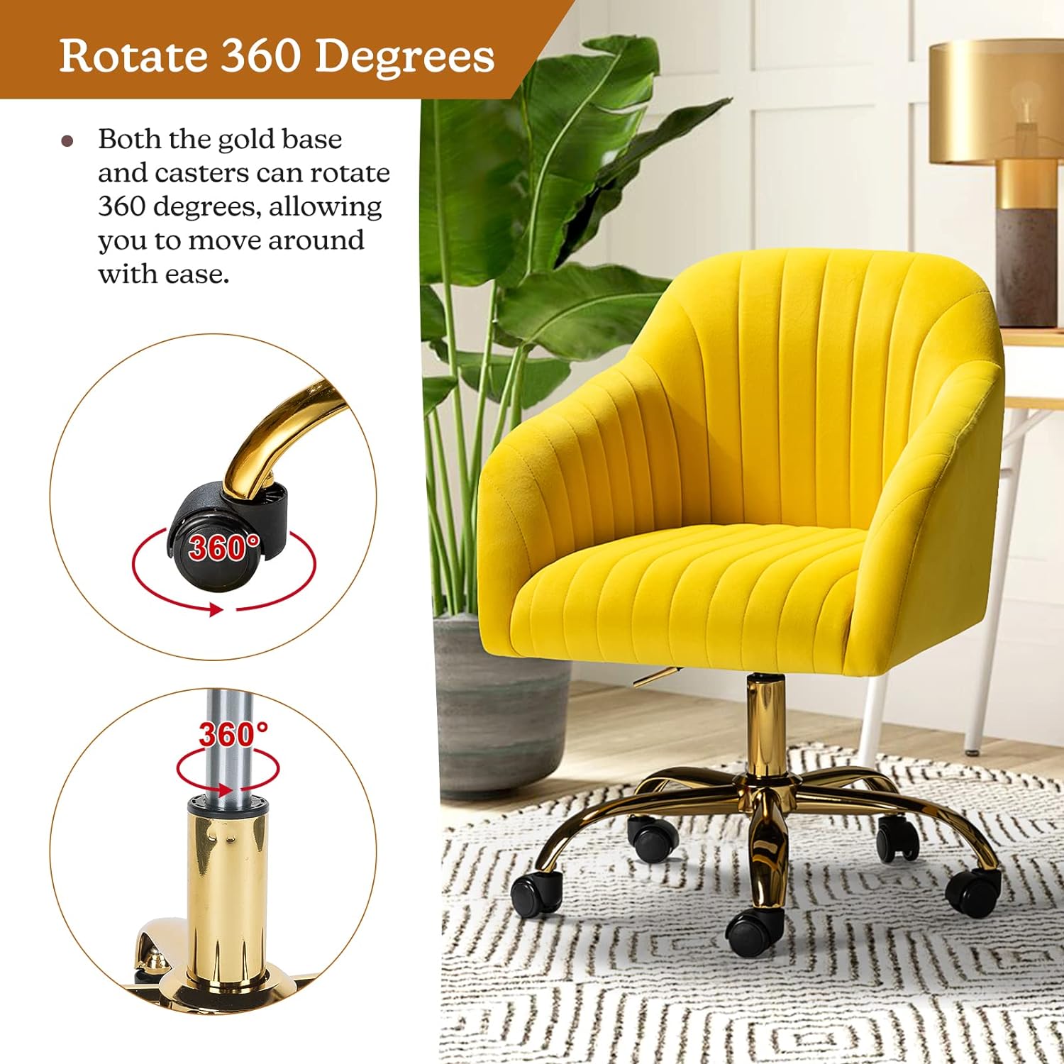 Velvet Home Office Desk Chair, Modern Cute Computer Task Chair, Wheels Swivel Height Adjustable Upholstered Vanity Chair for Women, Girls (Gold Base, Yellow)