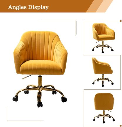 Velvet Home Office Desk Chair, Modern Cute Computer Task Chair, Wheels Swivel Height Adjustable Upholstered Vanity Chair for Women, Girls (Gold Base, Yellow)