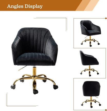 Velvet Home Office Desk Chair, Modern Cute Computer Task Chair, Wheels Swivel Height Adjustable Upholstered Vanity Chair for Women, Girls (Gold Base, Yellow)