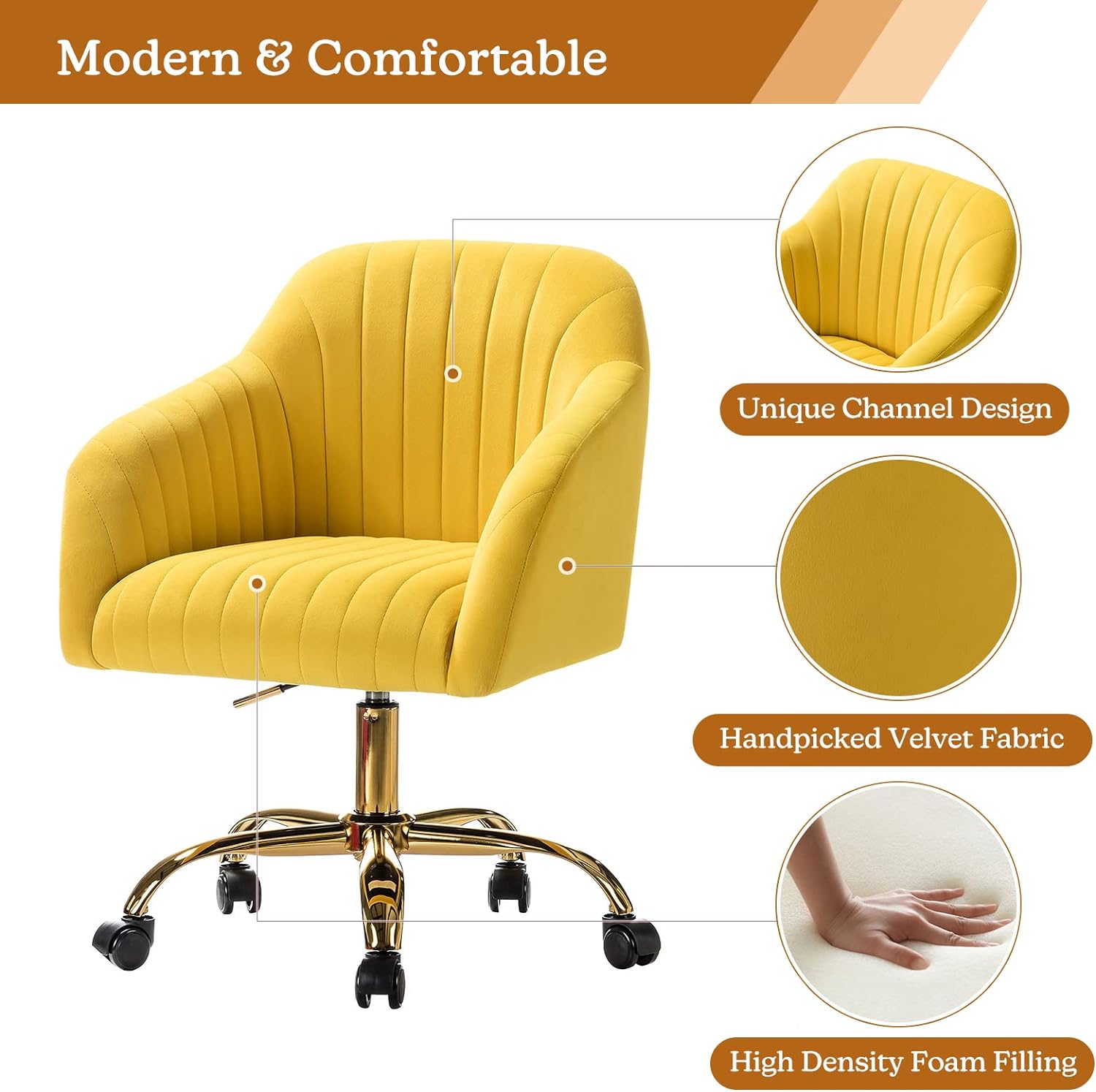 Velvet Home Office Desk Chair, Modern Cute Computer Task Chair, Wheels Swivel Height Adjustable Upholstered Vanity Chair for Women, Girls (Gold Base, Yellow)