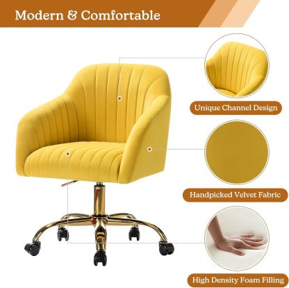Velvet Home Office Desk Chair, Modern Cute Computer Task Chair, Wheels Swivel Height Adjustable Upholstered Vanity Chair for Women, Girls (Gold Base, Yellow)