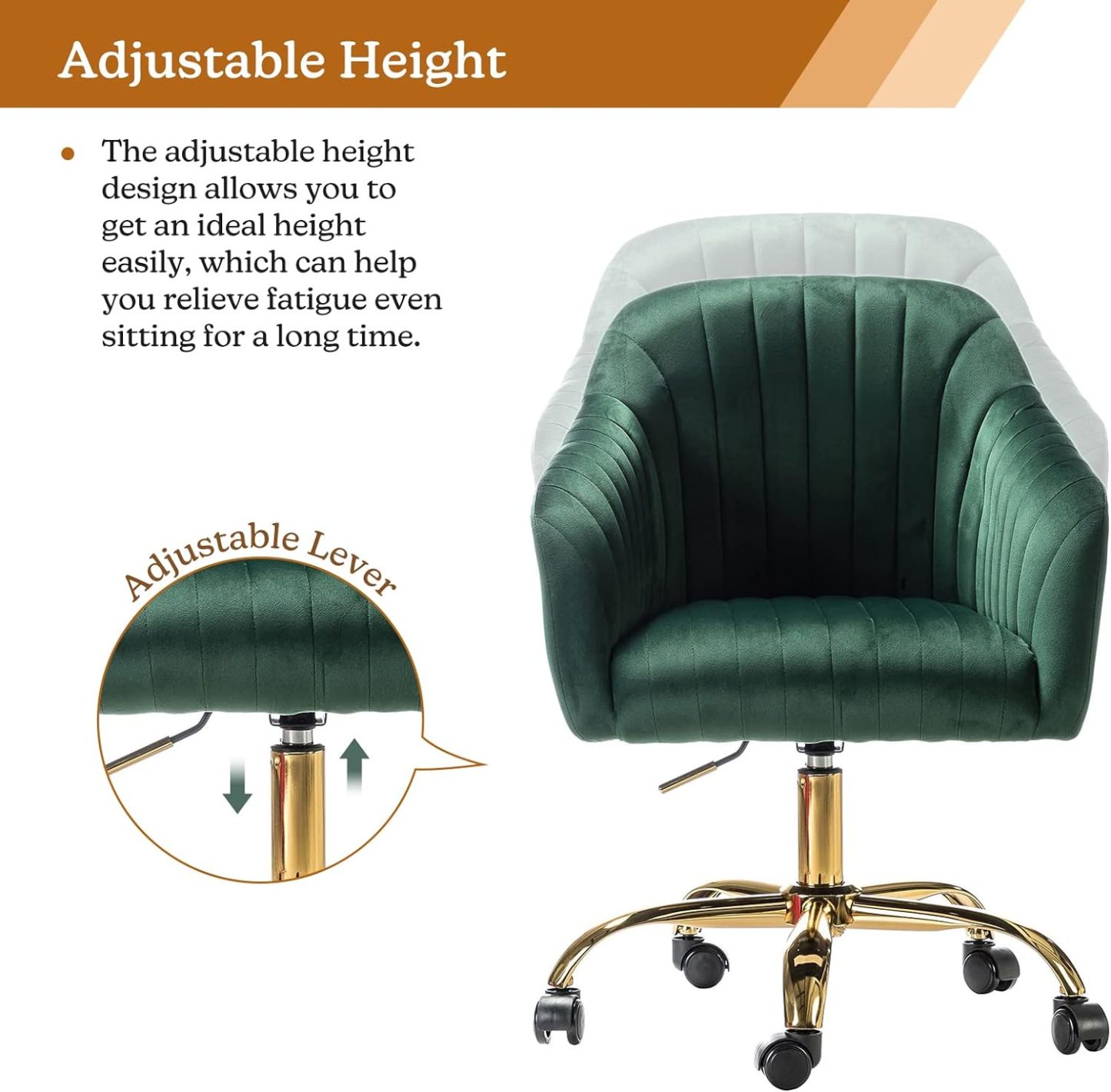 Velvet Home Office Desk Chair, Modern Cute Computer Task Chair, Wheels Swivel Height Adjustable Upholstered Vanity Chair for Women, Girls (Gold Base, Yellow)