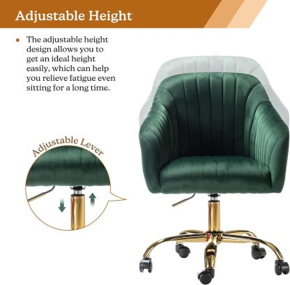 Velvet Home Office Desk Chair, Modern Cute Computer Task Chair, Wheels Swivel Height Adjustable Upholstered Vanity Chair for Women, Girls (Gold Base, Yellow)
