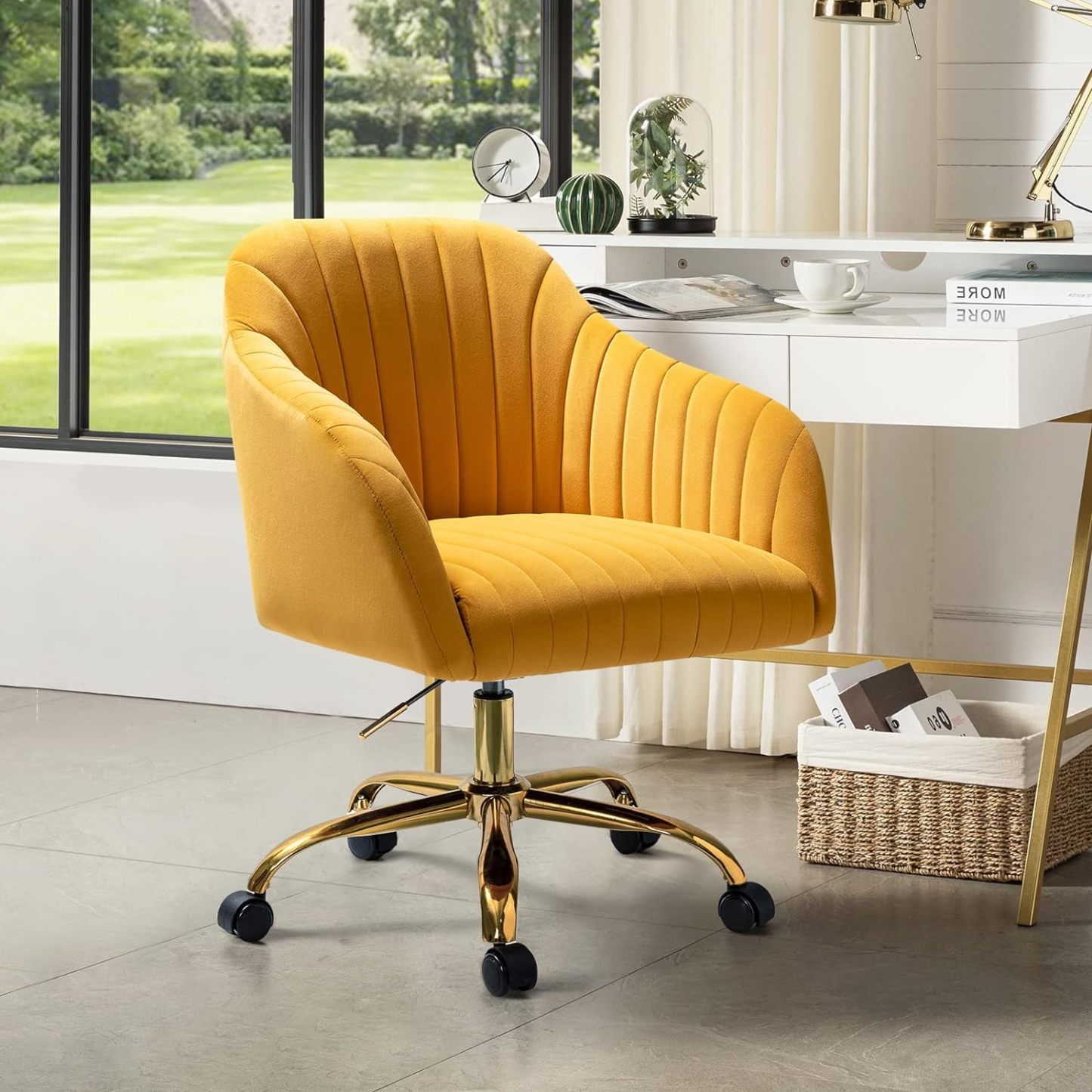 Velvet Home Office Desk Chair, Modern Cute Computer Task Chair, Wheels Swivel Height Adjustable Upholstered Vanity Chair for Women, Girls (Gold Base, Yellow)