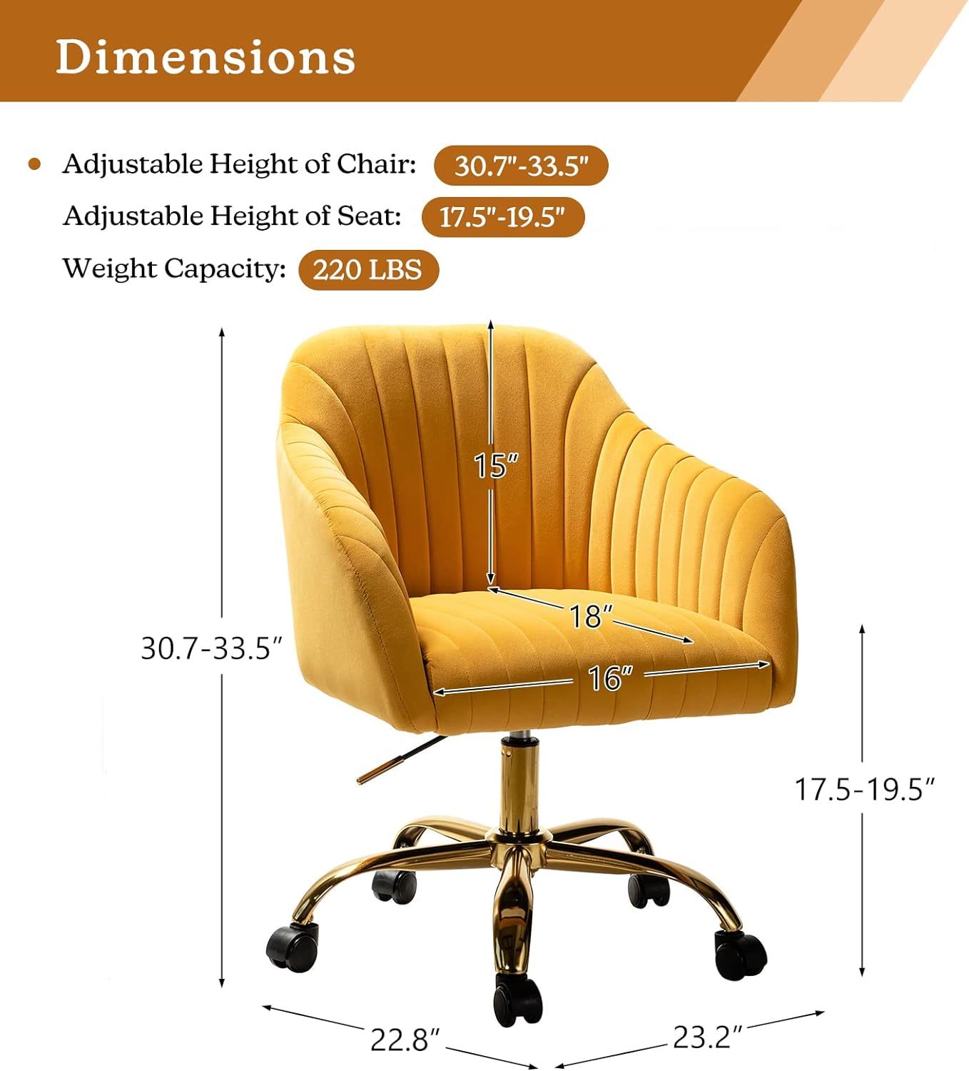 Velvet Home Office Desk Chair, Modern Cute Computer Task Chair, Wheels Swivel Height Adjustable Upholstered Vanity Chair for Women, Girls (Gold Base, Yellow)