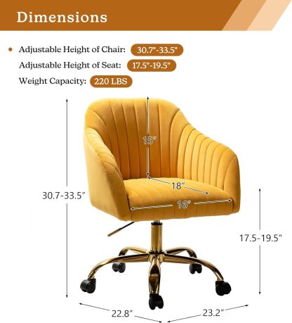 Velvet Home Office Desk Chair, Modern Cute Computer Task Chair, Wheels Swivel Height Adjustable Upholstered Vanity Chair for Women, Girls (Gold Base, Yellow)