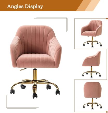 Velvet Home Office Desk Chair, Modern Cute Computer Task Chair, Wheels Swivel Height Adjustable Upholstered Vanity Chair for Women, Girls (Gold Base, Yellow)