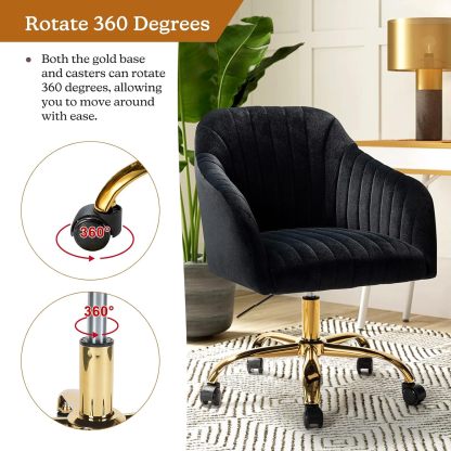 Velvet Home Office Desk Chair, Modern Cute Computer Task Chair, Wheels Swivel Height Adjustable Upholstered Vanity Chair for Women, Girls (Gold Base, Yellow)