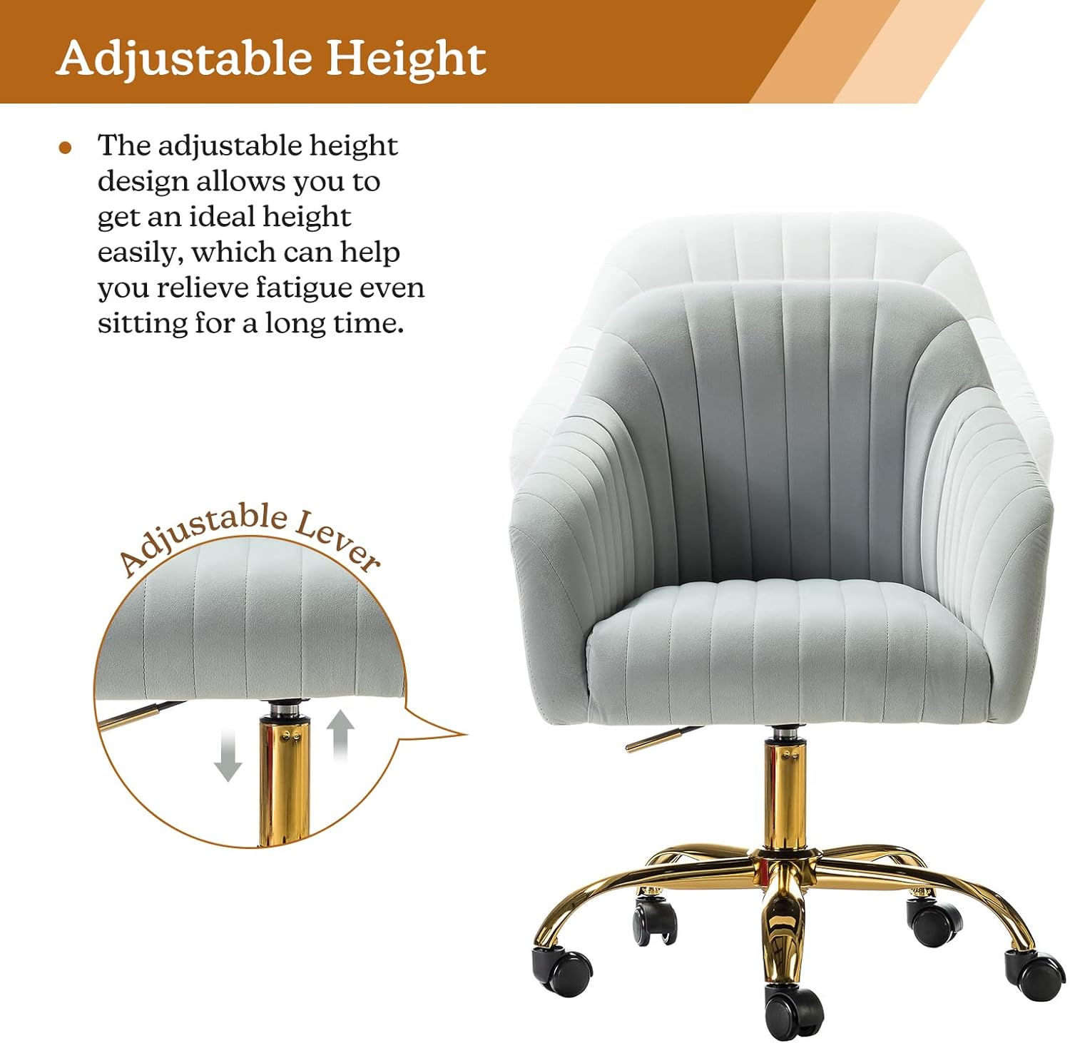 Velvet Home Office Desk Chair, Modern Cute Computer Task Chair, Wheels Swivel Height Adjustable Upholstered Vanity Chair for Women, Girls (Gold Base, Yellow)