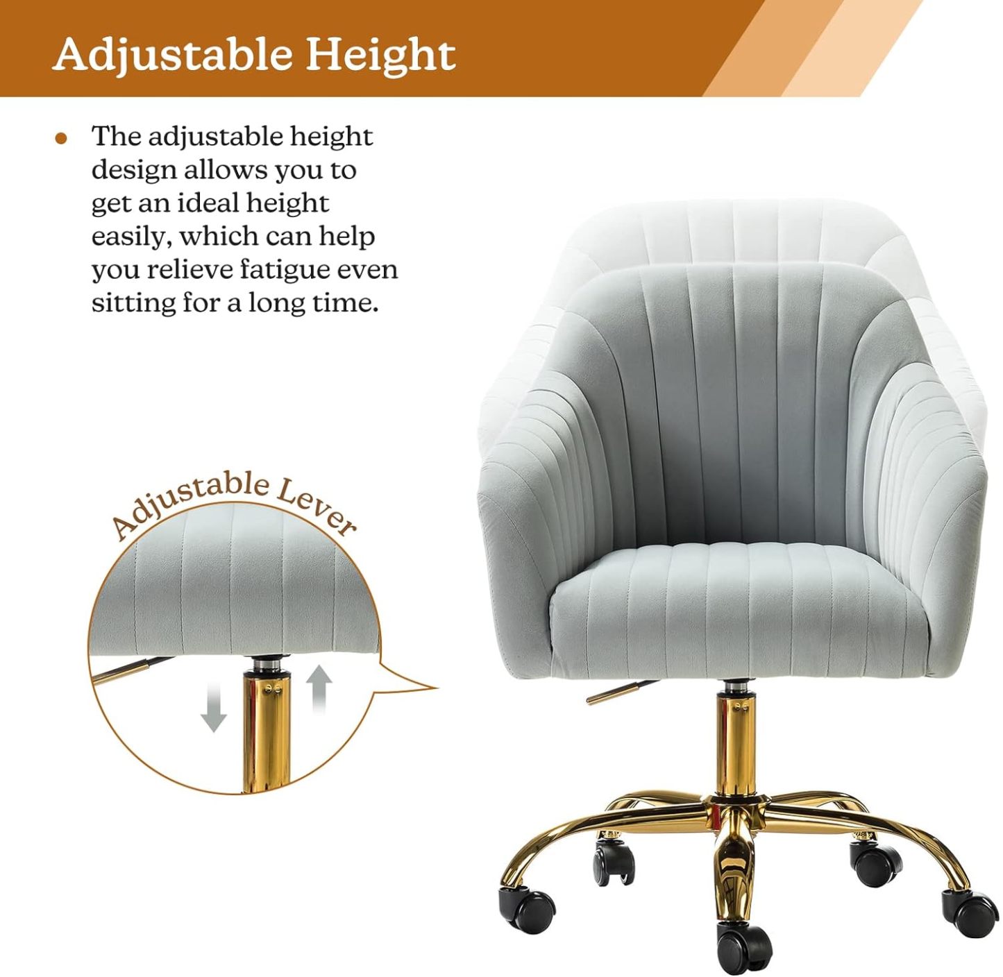 Velvet Home Office Desk Chair, Modern Cute Computer Task Chair, Wheels Swivel Height Adjustable Upholstered Vanity Chair for Women, Girls (Gold Base, Yellow)