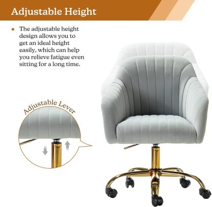 Velvet Home Office Desk Chair, Modern Cute Computer Task Chair, Wheels Swivel Height Adjustable Upholstered Vanity Chair for Women, Girls (Gold Base, Yellow)