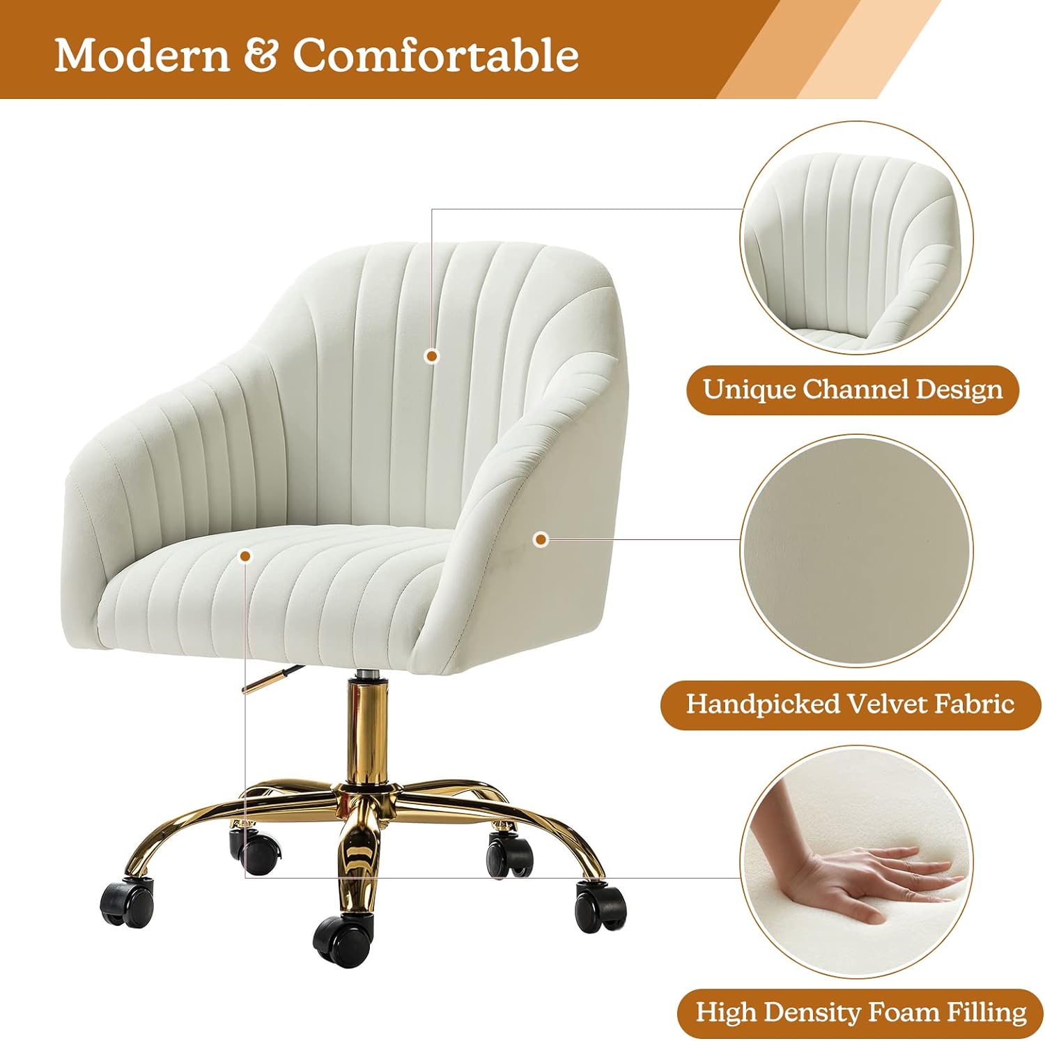 Velvet Home Office Desk Chair, Modern Cute Computer Task Chair, Wheels Swivel Height Adjustable Upholstered Vanity Chair for Women, Girls (Gold Base, Yellow)