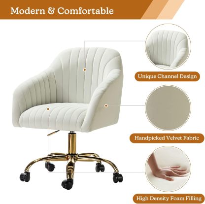 Velvet Home Office Desk Chair, Modern Cute Computer Task Chair, Wheels Swivel Height Adjustable Upholstered Vanity Chair for Women, Girls (Gold Base, Yellow)