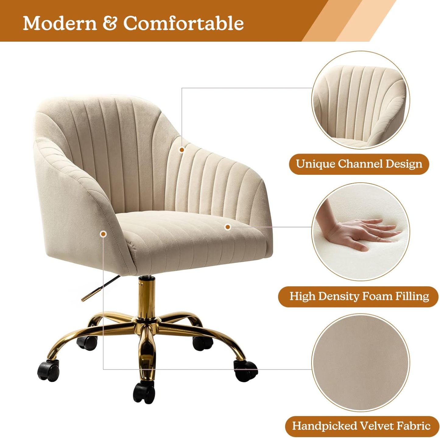 Velvet Home Office Desk Chair, Modern Cute Computer Task Chair, Wheels Swivel Height Adjustable Upholstered Vanity Chair for Women, Girls (Gold Base, Yellow)